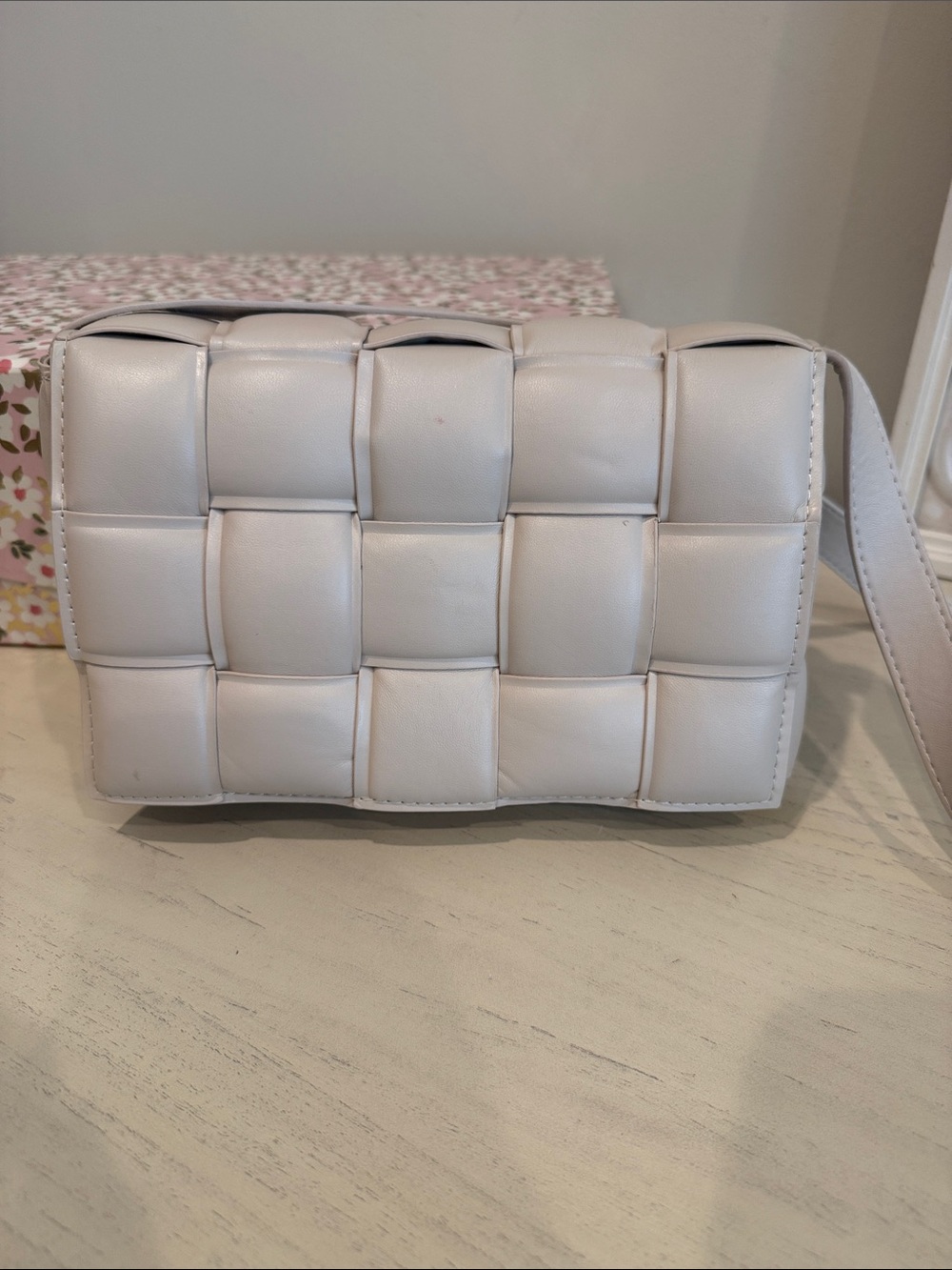 Woven Faux Leather Crossbody Bag in Light Cream